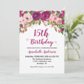 フローラ15誕生日パープルピンクシック水彩色 招待状 (スタンド正面)