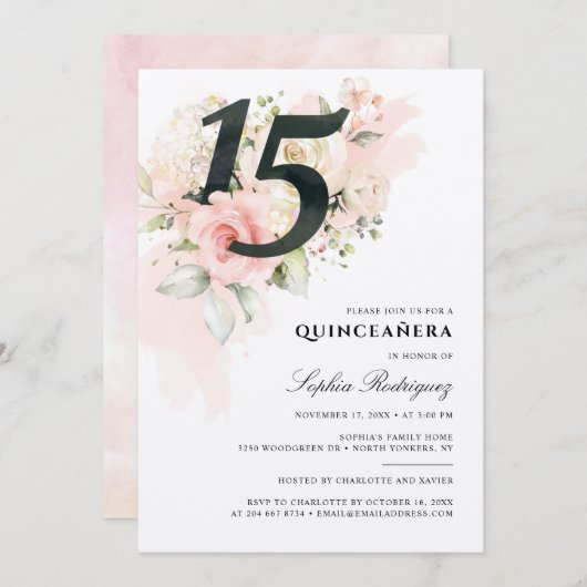 フローラ15誕生日ピンクの葉キンセアニェラ 招待状 (正面/裏面)