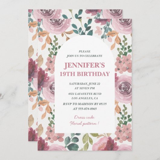 フローラ19歳の誕生日招待状ピンク水色 招待状 (正面/裏面)