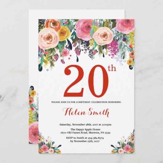 フローラ20番目の誕生日招待状レッド 招待状 (正面/裏面)