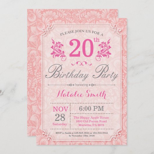 フローラ20誕生日招待状ピンク 招待状 (正面/裏面)