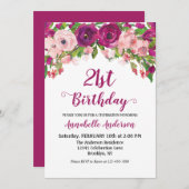 フローラ21歳の誕生日パープルピンクモダンの水色 招待状 (正面/裏面)