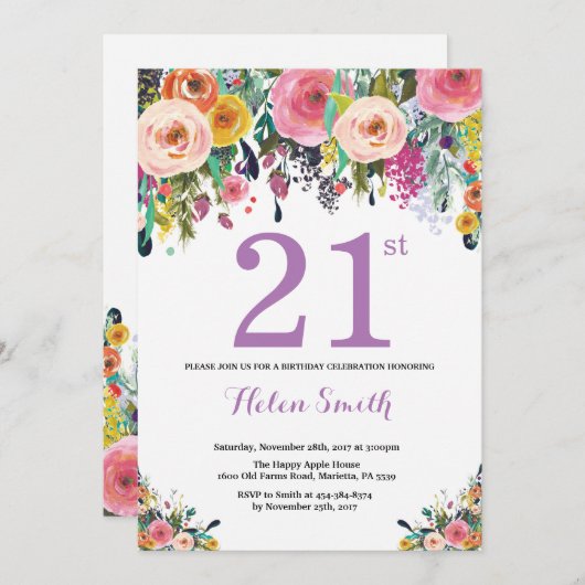 フローラ21歳の誕生日招待状紫 招待状 (正面/裏面)