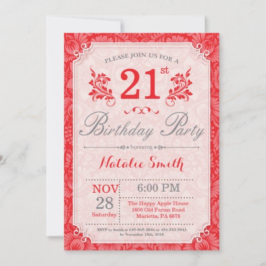 フローラ21歳の誕生日招待状赤for Women 招待状 (正面)