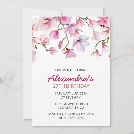 フローラ27歳の誕生日の招待ウォーターカラーピンク 招待状 (正面)