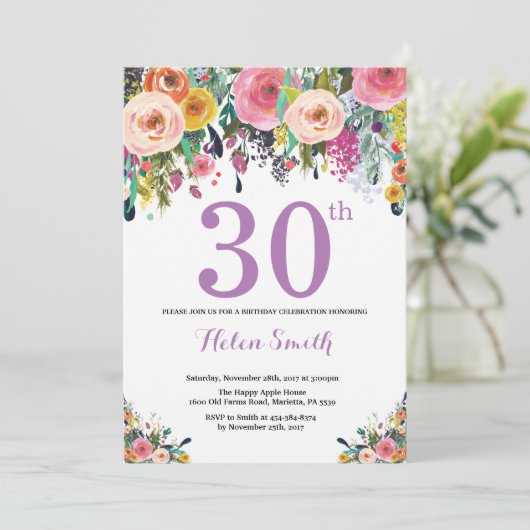 フローラ30歳の誕生日招待状紫 招待状 (スタンド正面)