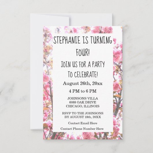 フローラ4歳の誕生日パーティーピンクさくらんぼの花 招待状 (正面)