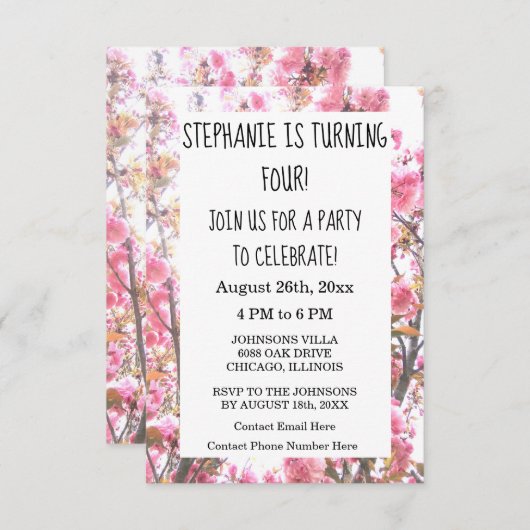 フローラ4歳の誕生日パーティーピンクさくらんぼの花 招待状 (正面/裏面)