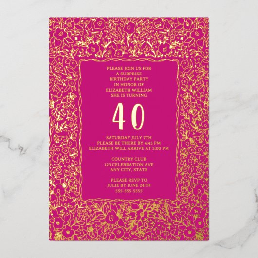 フローラ40thサプライズ誕生日テンプレートピンクユニーク 箔招待状 (正面)