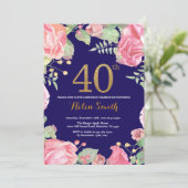 フローラ40th誕生日金ゴールドグリッターネイビーブルー 招待状 (スタンド正面)
