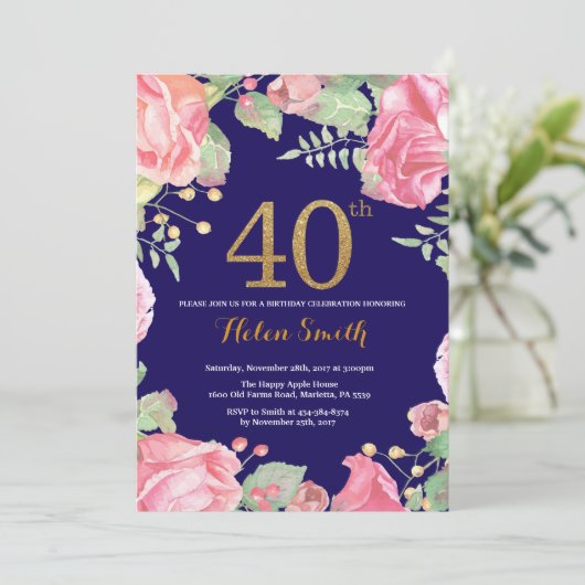 フローラ40th誕生日金ゴールドグリッターネイビーブルー 招待状 (スタンド正面)