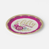 フローラ50と素晴らしいピンクの金ゴールド誕生日 ペーパープレート (アングル)