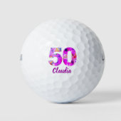 フローラ50年ピンク紫50歳の誕生日 ゴルフボール (正面)