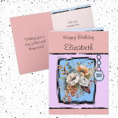 フローラ50歳の誕生日名前をカスタムするピンク カード