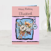 フローラ50歳の誕生日名前をカスタムするピンク カード (正面)