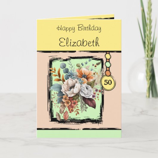 フローラ50歳の誕生日名前をカスタムする黄色 カード (正面)