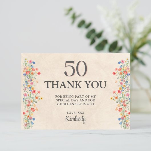 フローラ50歳エレガントの誕生日50年ワイルドフラワー サンキューカード (スタンド正面)