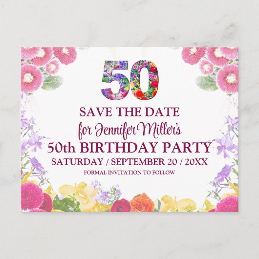 フローラ50番目の誕生日エレガント- 50日付の保存 ポストカード (正面)