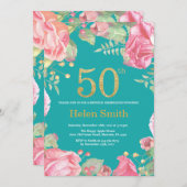 フローラ50番目の誕生日金ゴールドグリッターとティール(緑がかった色) 招待状 (正面/裏面)