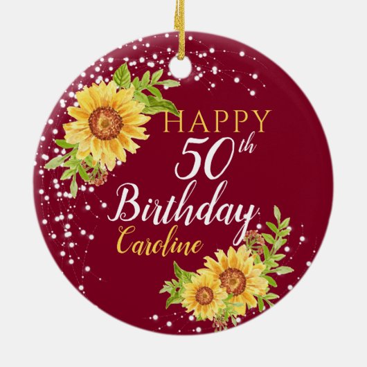 フローラ50誕生日ひまわりブルゴーニュ セラミックオーナメント (裏面)