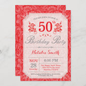フローラ50誕生日招待状レッド女性用 招待状 (正面/裏面)