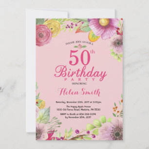 フローラ50誕生日招待状for Women Pink 招待状