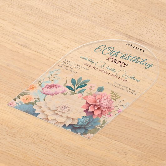 フローラ60歳の誕生日ダリア透明 アクリル招待状 (レイダウン)