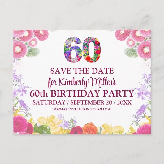 フローラ60番目の誕生日エレガント- 60日付の保存 ポストカード (正面)