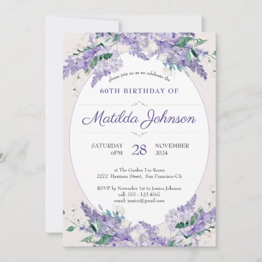 フローラ60誕生日パープルウィステリアボタニカル 招待状 (正面)