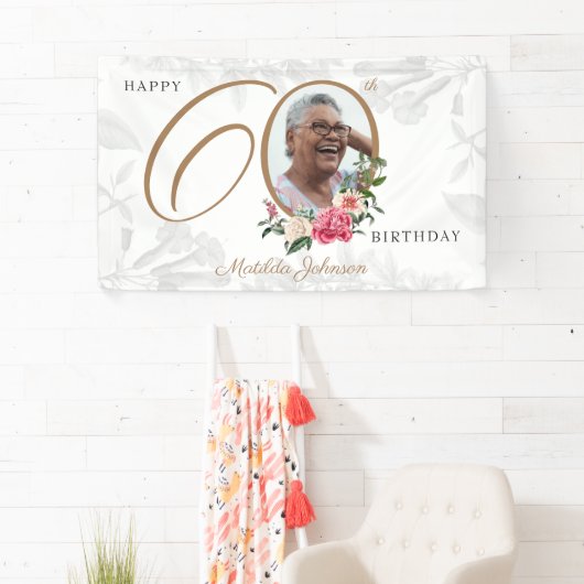 フローラ60誕生日ホワイト金ゴールドシックカスタム写真 横断幕 (インサイチュ)