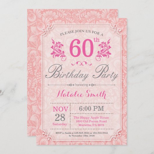 フローラ60誕生日招待状ピンク女性用 招待状 (正面/裏面)