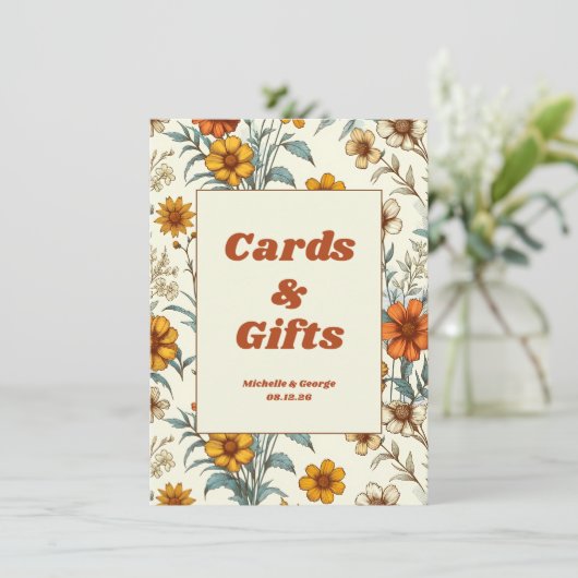 フローラ70年代のタイムレスウェディングカードとギフトサイン (スタンド正面)