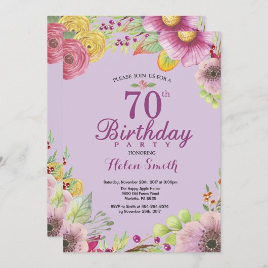 フローラ70番目の誕生日招待状 招待状 (正面/裏面)