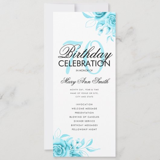 フローラ70誕生日プログラムティール（緑がかった色）（メニュー付き） 招待状 (正面)