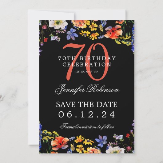 フローラ70誕生日日付を保存する黒 招待状 (正面)