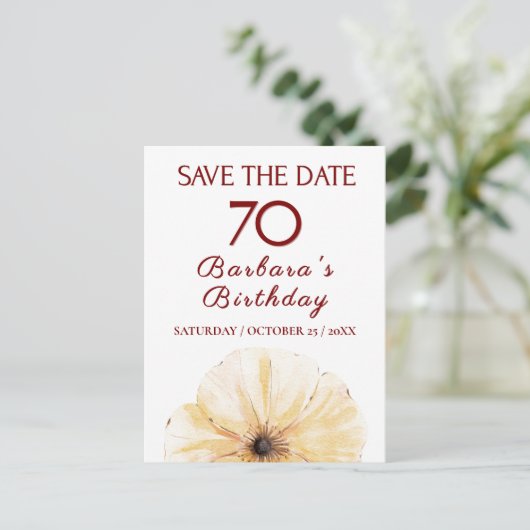フローラ70誕生日 – 黄エレガント色開花デザイン 案内ポストカード (スタンド正面)