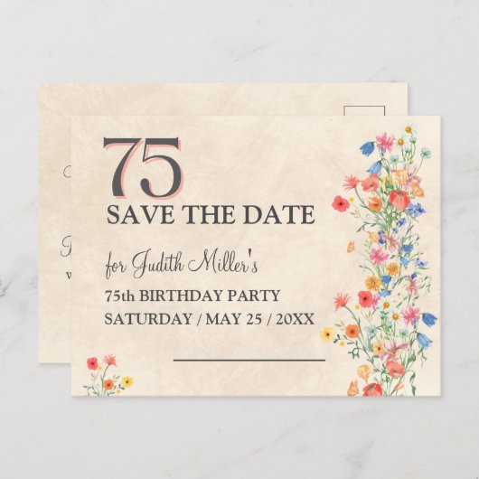 フローラ75誕生日-エレガント日付の保存 案内ポストカード (正面/裏面)