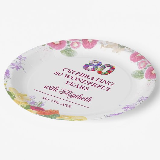 フローラ80歳の誕生日パーティー80年の花柄 ペーパープレート (アングル)
