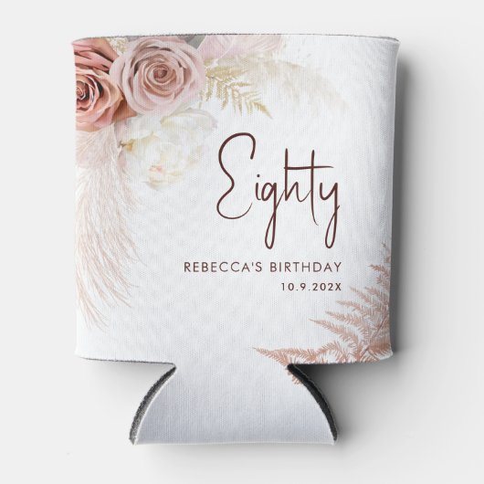 フローラ80誕生日パンパスグラスパーソナライズされた 缶クーラー (正面)