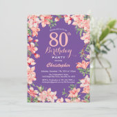 フローラ80誕生日ピンク花紫色バイオレット 招待状 (スタンド正面)