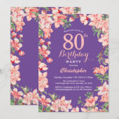 フローラ80誕生日ピンク花紫色バイオレット 招待状 (正面/裏面)