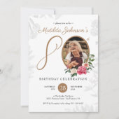 フローラ80誕生日ブラック金ゴールド植物写真 招待状 (正面)