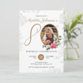 フローラ80誕生日ブラック金ゴールド植物写真 招待状 (スタンド正面)