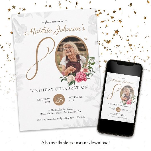 フローラ80誕生日ブラック金ゴールド植物写真 招待状