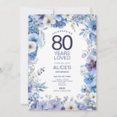 フローラ80誕生日招待状、青と紫の花 招待状 (正面)