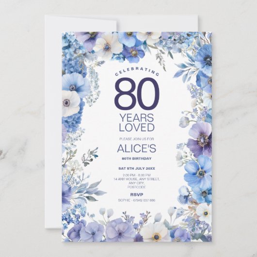 フローラ80誕生日招待状、青と紫の花 招待状 (正面)