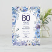 フローラ80誕生日招待状、青と紫の花 招待状 (スタンド正面)