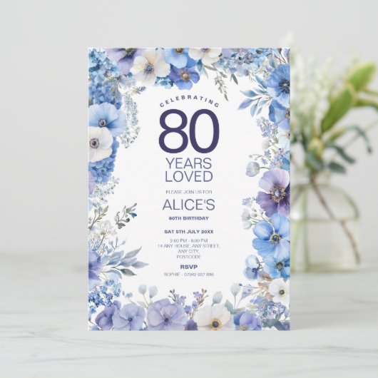 フローラ80誕生日招待状、青と紫の花 招待状 (スタンド正面)