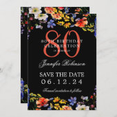 フローラ80誕生日日付を保存する黒 招待状 (正面/裏面)