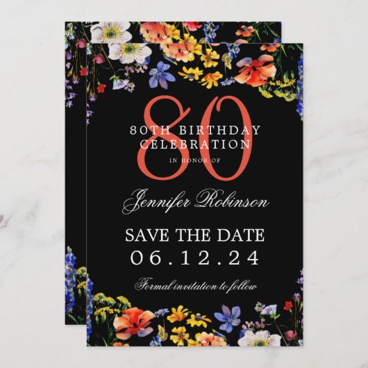 フローラ80誕生日日付を保存する黒 招待状 (正面/裏面)
